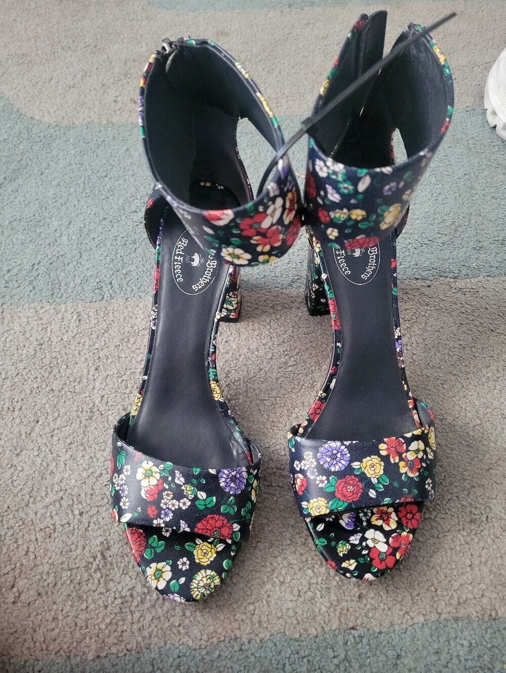Brooks Brothers "Red Fleece" floral print heels featuring a vibrant multicolored